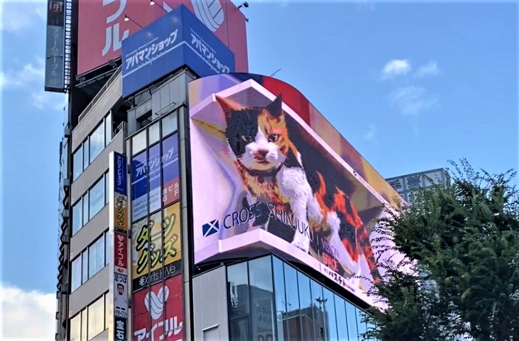 クロス新宿ビジョン　新宿に巨大猫出現！ 湾曲したLEDビジョンをうまく使った新たなSP戦略　CG制作はオムニバスジャパン